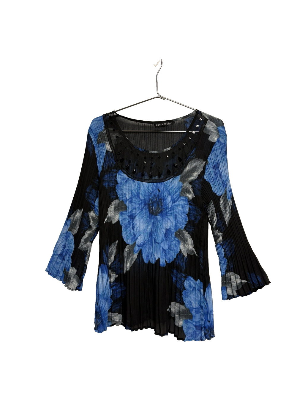 Zac And Rachel Women's Blue Black Sheer Floral Blouse With Gemstones - Size XL